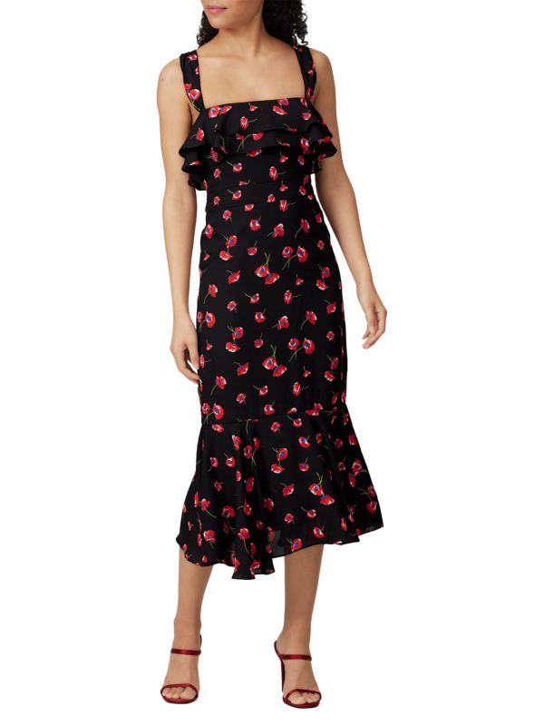 Likely Madeline Poppy Floral Silk Midi Flounce Dress